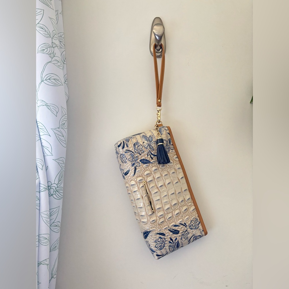 Brahmin Blue and Cream Floral Wristlet Clutch